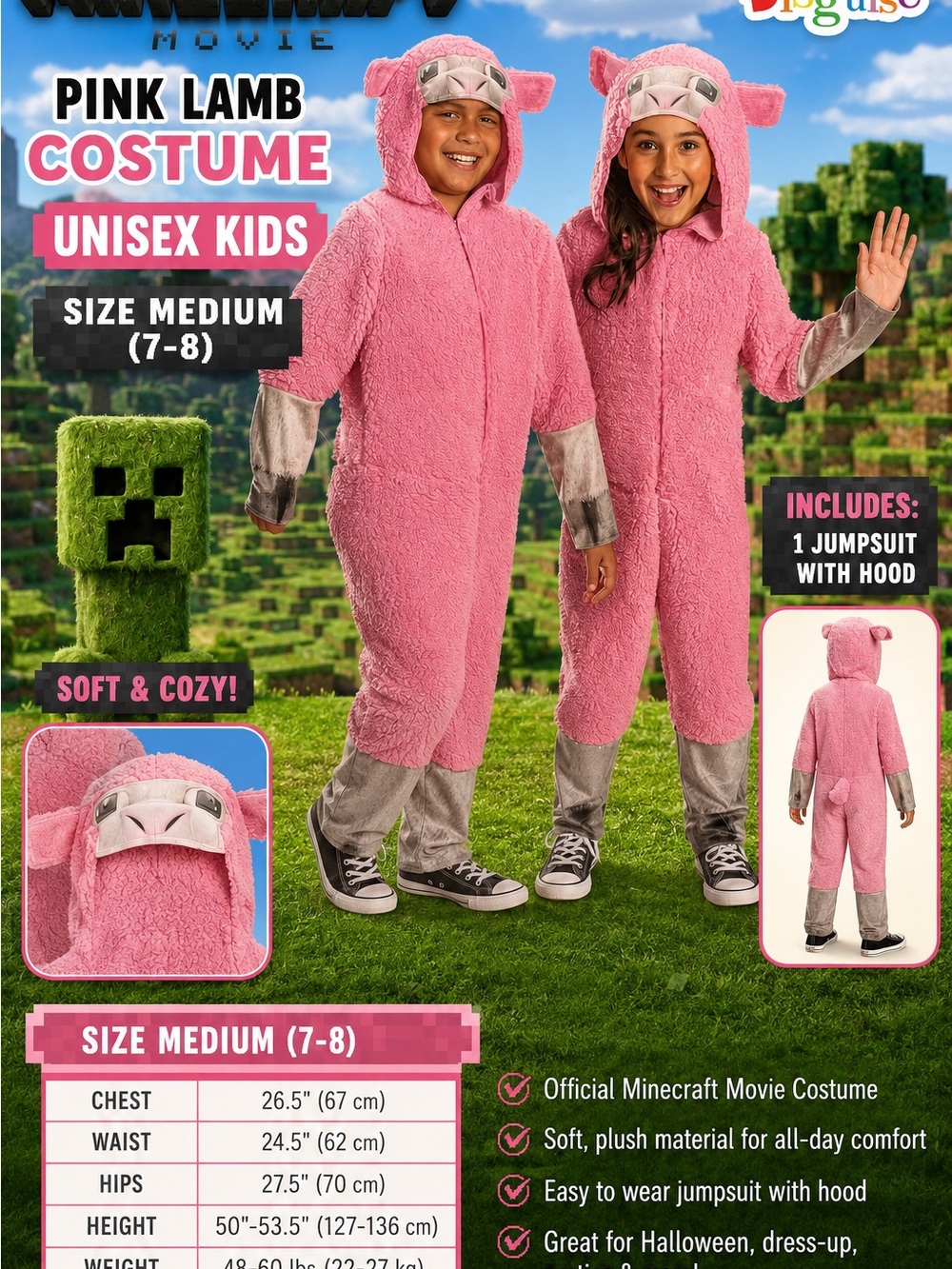 Disguise Pink Lamb Costume Unisex Kids Jumpsuit with Hood